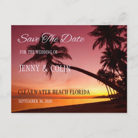 Tropisch strand Sunset Palm Trees Save the Date Aankondigingskaart (Voorkant)