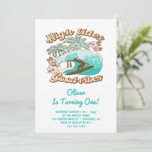 Tropisch strand surfplank jongen 1e verjaardag kaart (Staand voorkant)