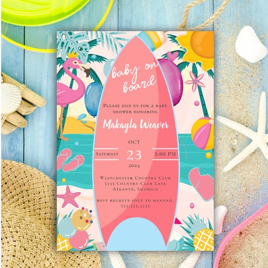 Tropisch strand surfplank palmboom Baby shower Inv Kaart