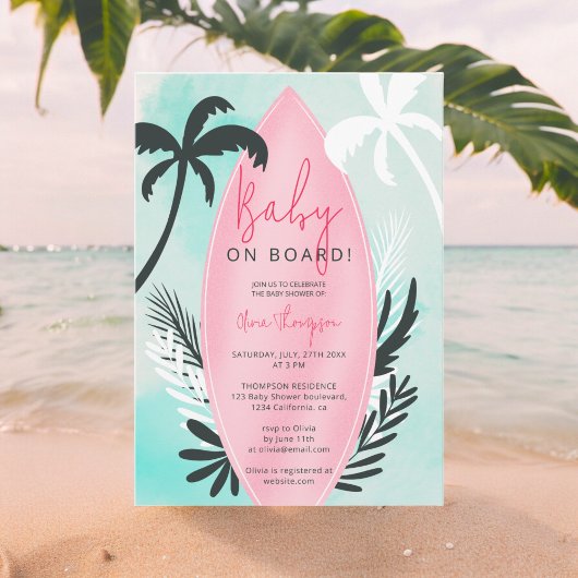 Tropisch strand surfplank palmboom Baby shower Kaart