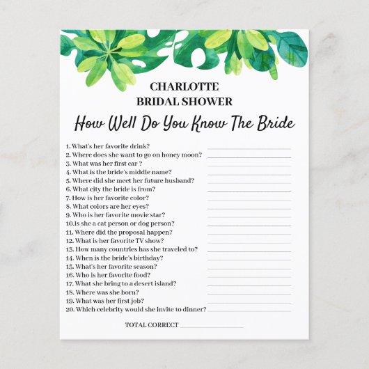 Tropisch strand thema bruidsdouche trivia vraag flyer (Voorkant)