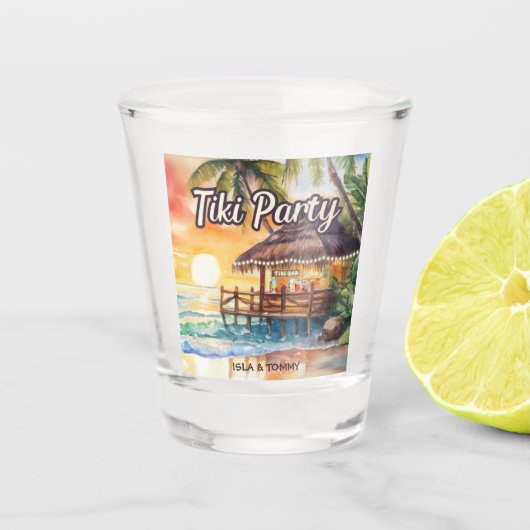 Tropisch strand Tiki Bar bruiloft feest Shot Glas (Voorkant)