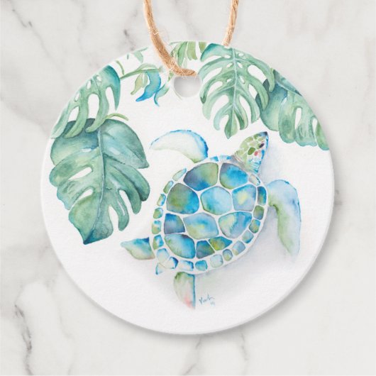 Tropisch strand turkoois zee schildpad aquarel bedankjes labels (Voorkant)