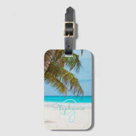 Tropisch strand turquoise monogram palmboom  bagagelabel