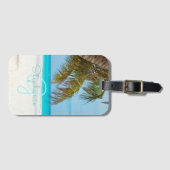 Tropisch strand turquoise monogram palmboom bagagelabel (Voorkant (horizontaal))