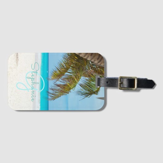 Tropisch strand turquoise monogram palmboom bagagelabel (Voorkant (horizontaal))