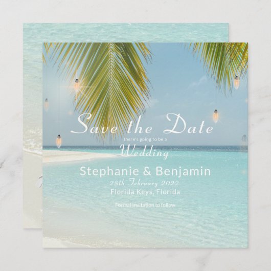 Tropisch strand Turquoise Palm Tree Square Flat Save The Date (Voorkant / Achterkant)