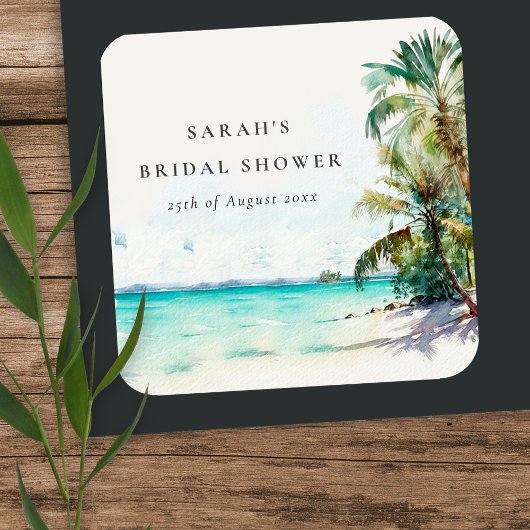 Tropisch strand watercolor palmbomen bruidsdiner vierkante sticker