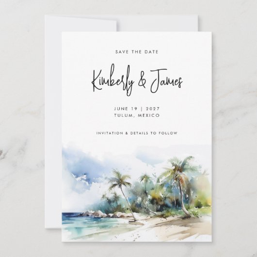 Tropisch strand Waterverf Destination Wedding Save The Date (Voorkant)