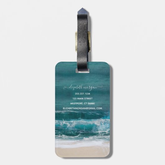 Tropisch strand Waves Sand Name Modern Bagagelabel (Achterkant verticaal)