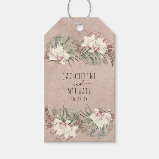 Tropisch strand Witte orchidee bloempalmblad Cadeaulabel (Voorkant)