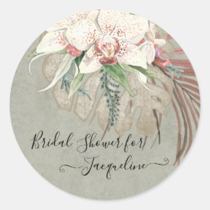 Tropisch strand Witte Orchidee Salie Bloemen Blad Ronde Sticker