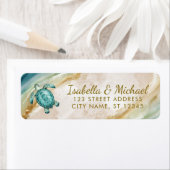 Tropisch strand zeeschildpad gouden retouradres etiket (Insitu)