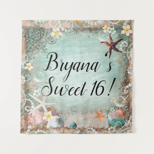 Tropisch strand zeester & parels feest achtergrond wandkleed (Voorkant)