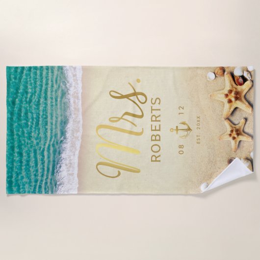  tropisch strand zeesterren schelpen Mrs Bride Strandlaken (Voorkant)