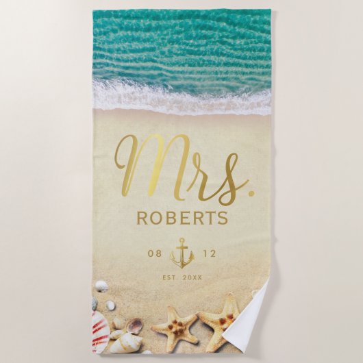 tropisch strand zeesterren schelpen Mrs Bride Strandlaken (Voorkant)