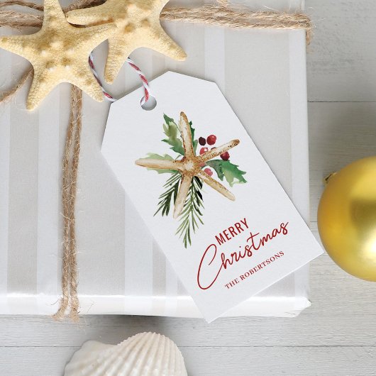 Tropisch strand Zeesterren Vrolijk kerstfeest Cadeaulabel