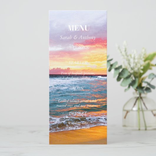 Tropisch strand zomer aan zee bruiloft eten menu (Staand voorkant)
