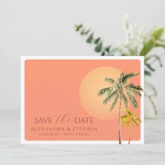 Tropisch strand zon en palmbomen - Minimale bruilo Save The Date (Staand voorkant)