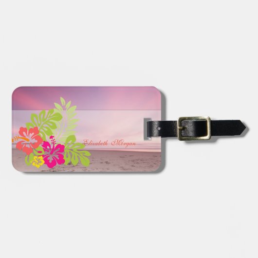 Tropisch strand zonsondergang Hawaïaanse Hibiscus Bagagelabel (Voorkant horizontaal)