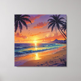 Tropisch Strand Zonsondergang - Illustratie Stijl  Canvas Afdruk