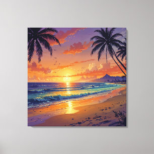 Tropisch Strand Zonsondergang - Illustratie Stijl  Canvas Afdruk