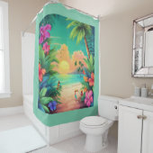 Tropisch strand Zonsondergang met Hibiscusbloemen Douchegordijn (In situ)