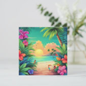 Tropisch strand Zonsondergang met Hibiscusbloemen Kaart (Staand voorkant)