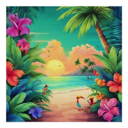 Tropisch strand Zonsondergang met Hibiscusbloemen Perfect Poster (Voorkant)