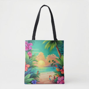 Tropisch strand Zonsondergang met Hibiscusbloemen Tote Bag