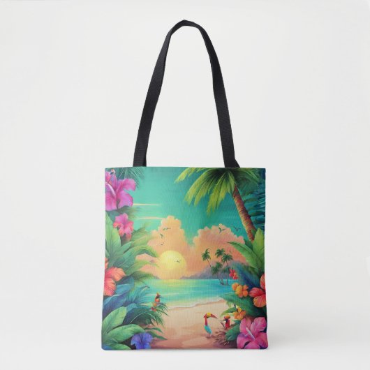 Tropisch strand Zonsondergang met Hibiscusbloemen Tote Bag (Voorkant)