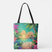 Tropisch strand Zonsondergang met Hibiscusbloemen Tote Bag (Achterkant)
