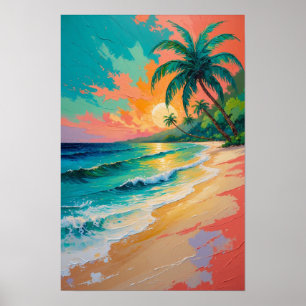 Tropisch strand zonsondergang met palmbomen Oceaan Poster