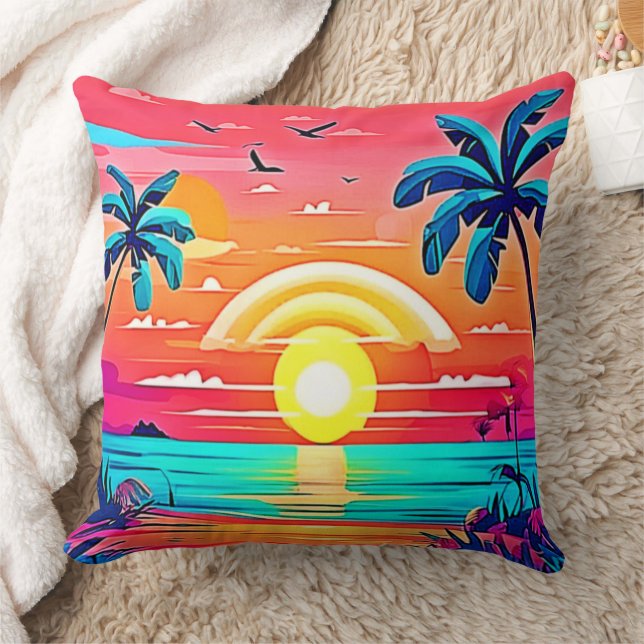 Tropisch strand zonsondergang met regenboog kussen (Deken)