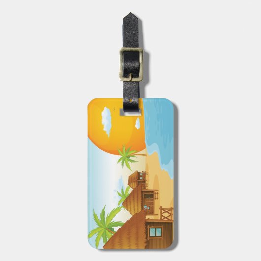 Tropisch strand zonsondergang met rieten hutten bagagelabel (Voorkant verticaal)