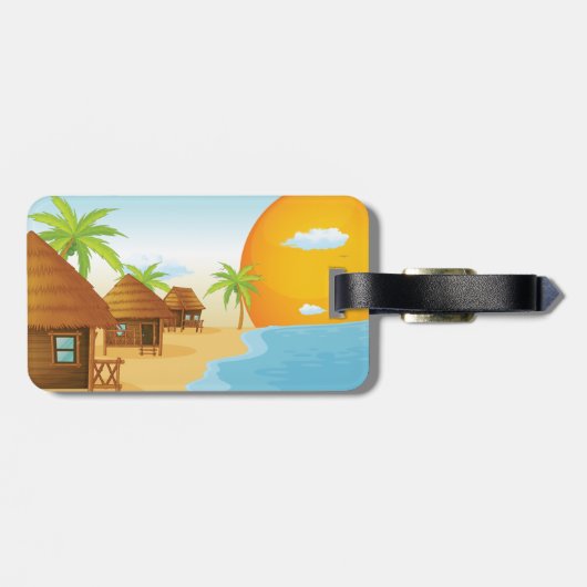 Tropisch strand zonsondergang met rieten hutten bagagelabel (Achterkant horizontaal)