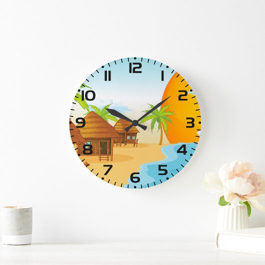 Tropisch strand zonsondergang met rieten hutten grote klok