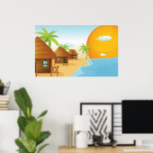 Tropisch strand zonsondergang met rieten hutten poster (Thuiskantoor)