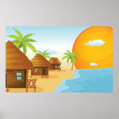 Tropisch strand zonsondergang met rieten hutten poster (Voorkant)