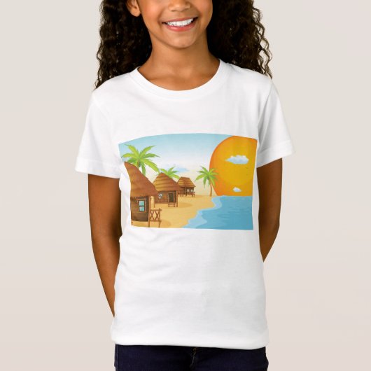 Tropisch strand zonsondergang met rieten hutten t-shirt (Voorkant)