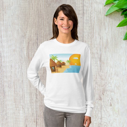 Tropisch strand zonsondergang met rieten hutten t-shirt