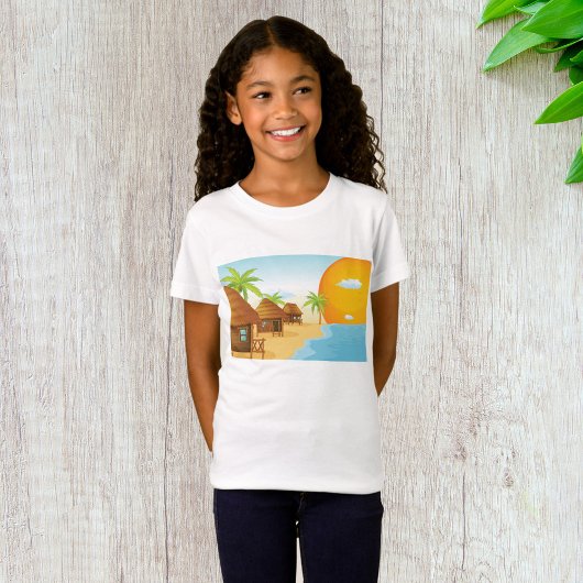 Tropisch strand zonsondergang met rieten hutten t-shirt