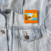 Tropisch strand zonsondergang met rieten hutten vierkante button 5,1 cm