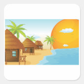 Tropisch strand zonsondergang met rieten hutten vierkante sticker (Voorkant)