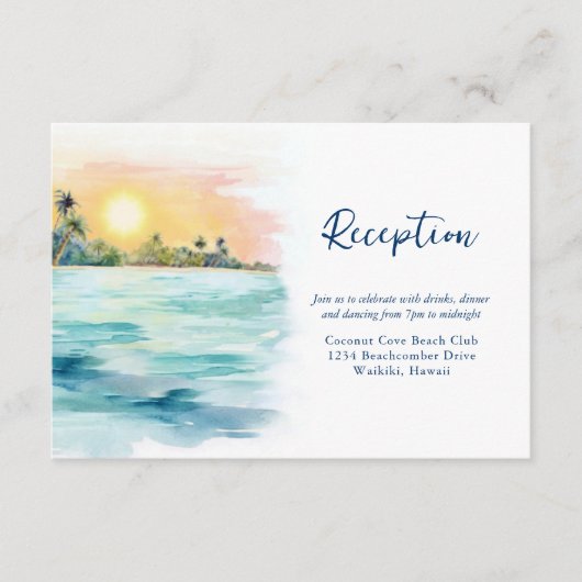 Tropisch strand Zonsondergang & Palmen Huwelijksre Informatiekaartje (Voorkant)
