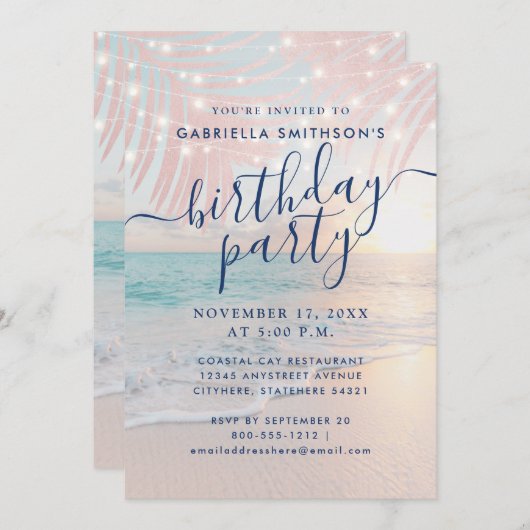 Tropisch strand zonsondergang pastel verjaardagsfe kaart (Voorkant / Achterkant)