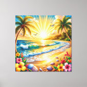 Tropisch strand zonsopgang met palmbomen, golven canvas afdruk (Voorkant)