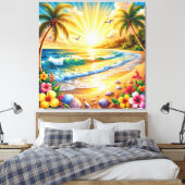 Tropisch strand zonsopgang met palmbomen, golven canvas afdruk (Insitu (Slaapkamer))