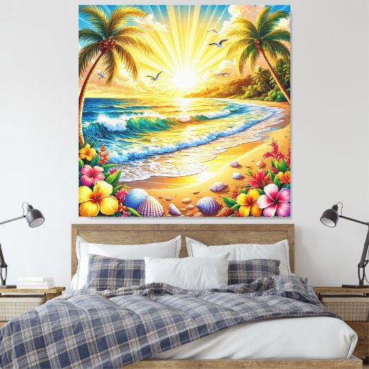 Tropisch strand zonsopgang met palmbomen, golven canvas afdruk (Insitu (Slaapkamer))