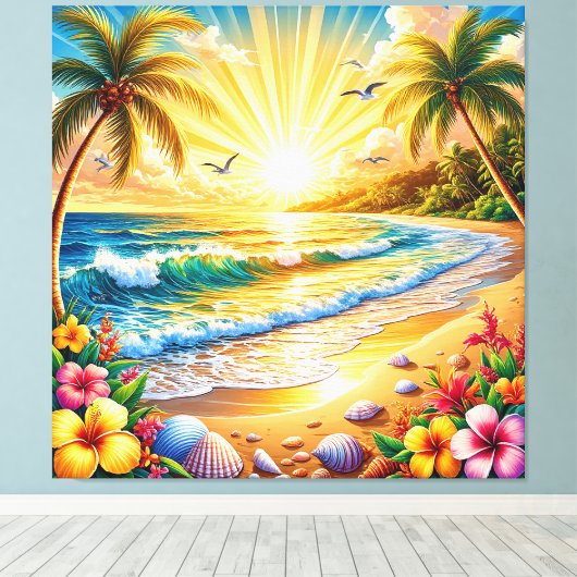 Tropisch strand zonsopgang met palmbomen, golven canvas afdruk (Insitu (Houten vloer))